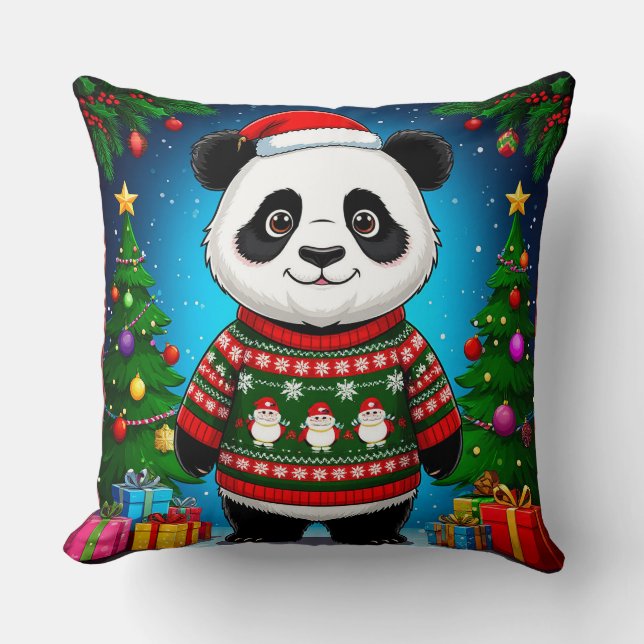 Schattige panda in kersttrui draagt kerstmuts kussen (Voorkant)