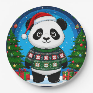 Schattige panda in kersttrui draagt kerstmuts papieren bordje