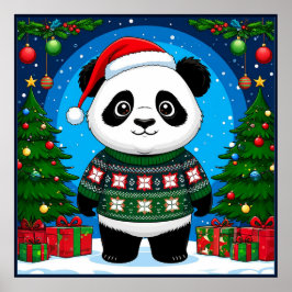 Schattige panda in kersttrui draagt kerstmuts poster