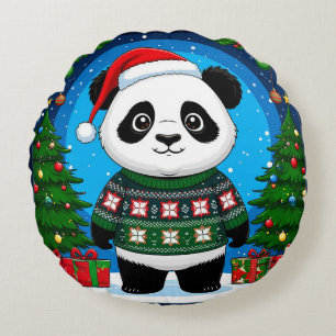 Schattige panda in kersttrui draagt kerstmuts rond kussen