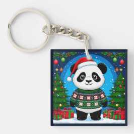 Schattige panda in kersttrui draagt kerstmuts sleutelhanger
