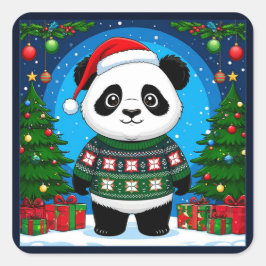 Schattige panda in kersttrui draagt kerstmuts vierkante sticker