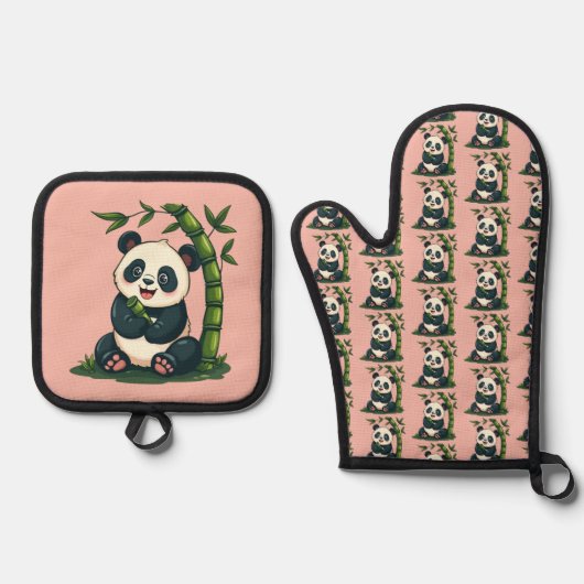 Schattige Panda Knuffelen Bamboe Schattigee Cartoo Ovenwant & Pannenlap Set (Voorkant)