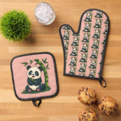 Schattige Panda Knuffelen Bamboe Schattigee Cartoo Ovenwant & Pannenlap Set (Top down)