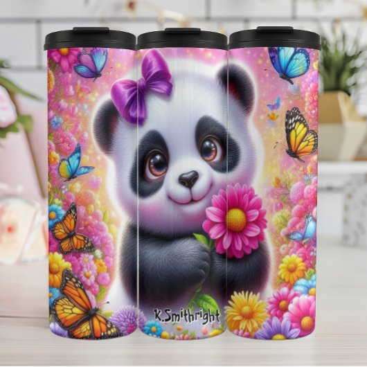 Schattige panda met een felle bloem thermosbeker