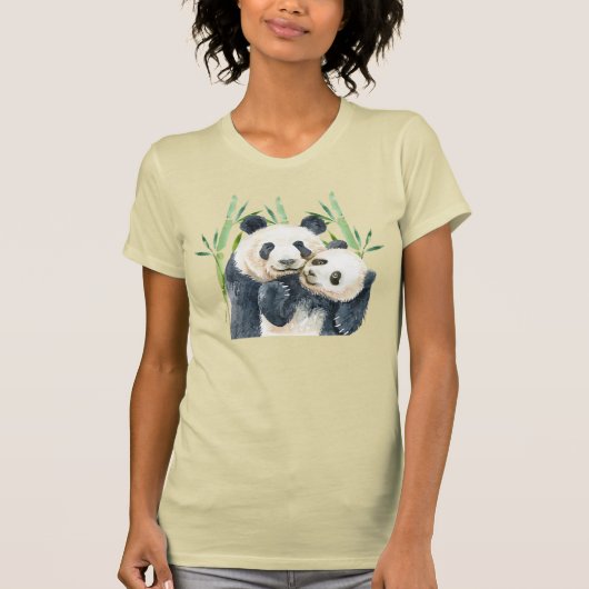 Schattige Panda Paar in Bamboe Waterverf T-shirt (Voorkant)