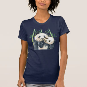 Schattige Panda Pair in Bamboe Waterverf T-shirt