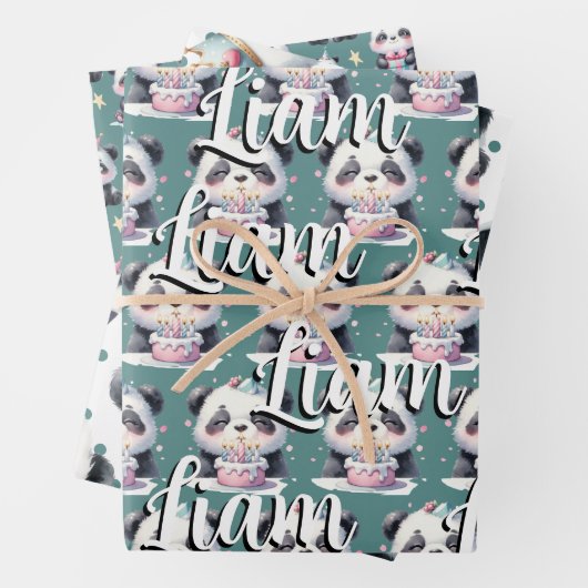 Schattige Panda Patroon Verjaardag Jongen Groen Inpakpapier Vel (In situ)