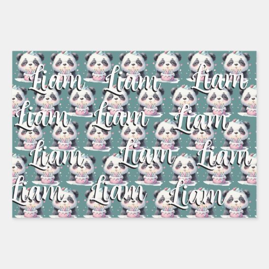 Schattige Panda Patroon Verjaardag Jongen Groen Inpakpapier Vel (Voorkant)