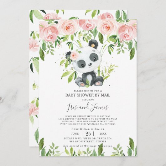 Schattige Panda Pink Floral Virtual Baby shower pe Kaart (Voorkant / Achterkant)