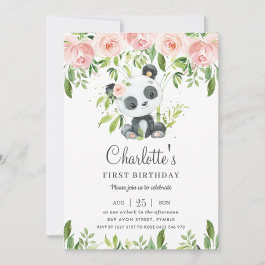 Schattige Panda Roze Bloemen Groen 1e Verjaardag M Kaart (Voorkant)