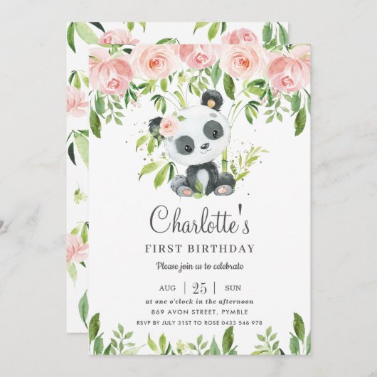 Schattige Panda Roze Bloemen Groen 1e Verjaardag M Kaart (Voorkant / Achterkant)