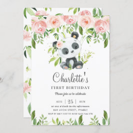 Schattige Panda Roze Bloemen Groen 1e Verjaardag M Kaart