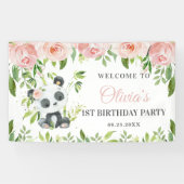Schattige Panda Roze Bloemen Groen Bamboe Achtergr Spandoek (Horizontaal)