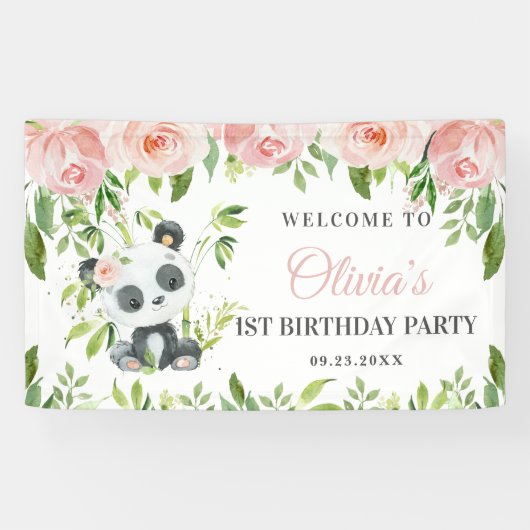 Schattige Panda Roze Bloemen Groen Bamboe Achtergr Spandoek (Horizontaal)