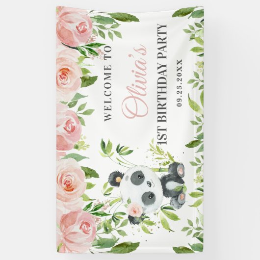 Schattige Panda Roze Bloemen Groen Bamboe Achtergr Spandoek (Verticaal)