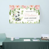Schattige Panda Roze Bloemen Groen Bamboe Achtergr Spandoek (Beurs)