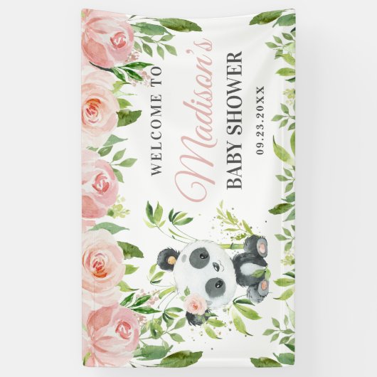 Schattige Panda Roze Bloemen Groen Bamboe Achtergr Spandoek (Verticaal)