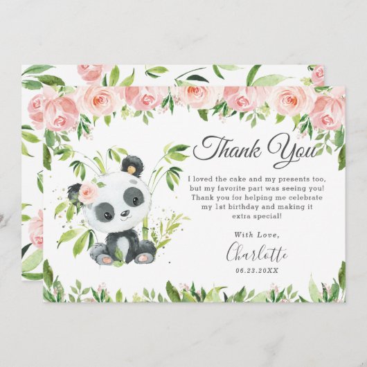 Schattige Panda Roze Bloemen Groen Verjaardagsfees Bedankkaart (Voorkant / Achterkant)