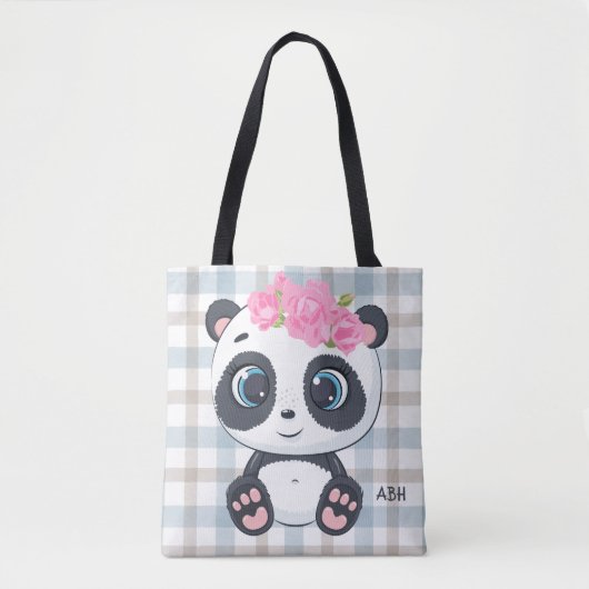 Schattige panda roze bloemmonogram tote bag (Voorkant)