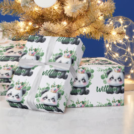 Schattige Panda Waterverf Groene Patroon Verjaarda Cadeaupapier