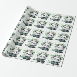 Schattige Panda Waterverf Groene Patroon Verjaarda Cadeaupapier