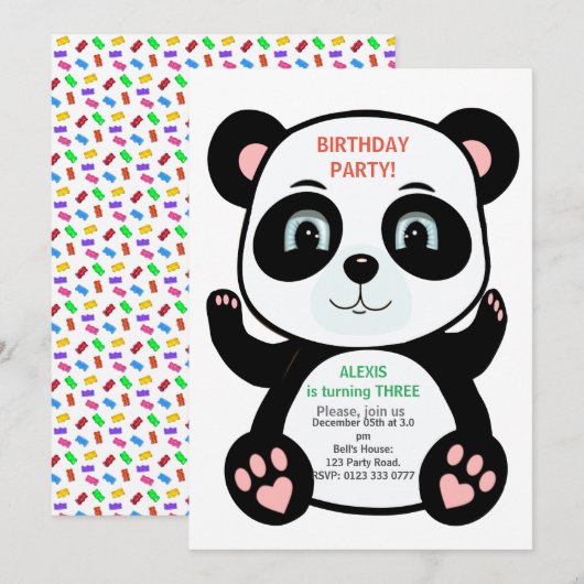 Schattige pandabeer & gekleurde confetti kaart (Voorkant / Achterkant)