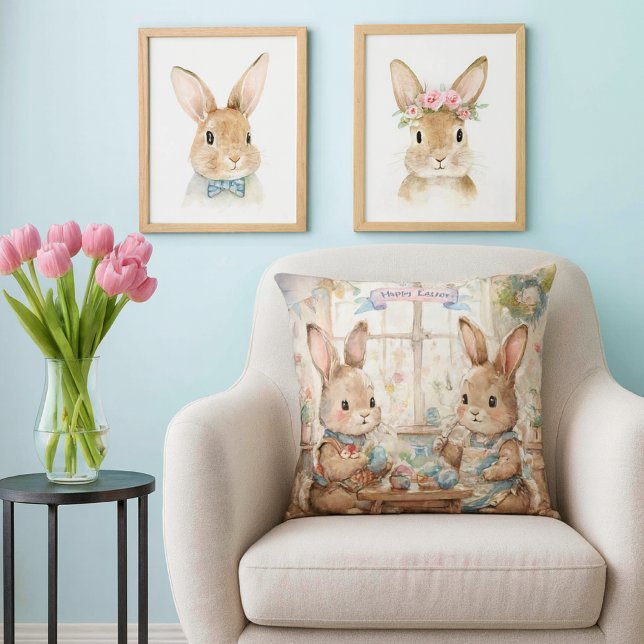 Schattige Pasen Konijnen & Eieren  Kussen (Whimsical Easter pillow—perfect spring gift for bunny lovers, decorators, and cozy home vibes.)