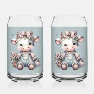 Schattige Pastel Baby Koe in Overall met Bloemen Blikvorm Glas