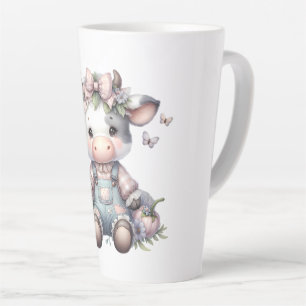 Schattige Pastel Baby Koe in Overall met Bloemen Latte Mok