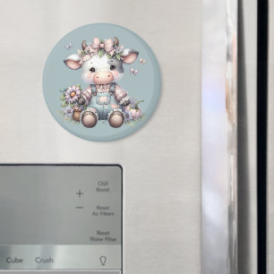 Schattige Pastel Baby Koe in Overall met Bloemen Magneet