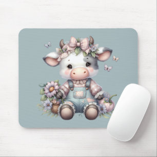 Schattige Pastel Baby Koe in Overall met Bloemen Muismat