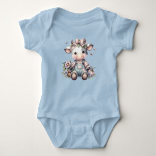 Schattige Pastel Baby Koe in Overall met Bloemen Romper