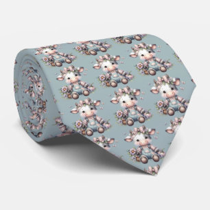 Schattige Pastel Baby Koe in Overall met Bloemen Stropdas