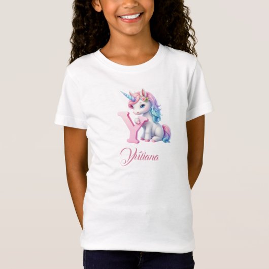Schattige Pastel blauw roze Eenhoorn Letter Y Mono T-shirt (Voorkant)