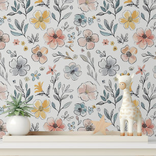 Schattige Pastel Bloemen Botanische Patroon Behang
