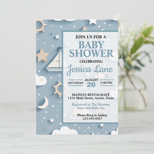 Schattige Pastel Blue Boy Nautisch Baby shower Kaart (Staand voorkant)