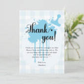 Schattige Pastel Blue Gingham Baby shower Bedankkaart (Staand voorkant)