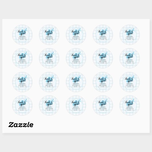 Schattige Pastel Blue Gingham Baby shower Ronde Sticker (Vel)