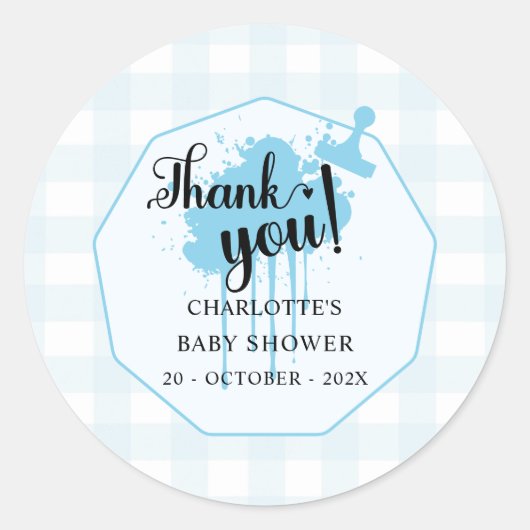 Schattige Pastel Blue Gingham Baby shower Ronde Sticker (Voorkant)