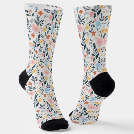 Schattige Pastel Ditsy Boho Bloemenweide Sokken (Gebogen)