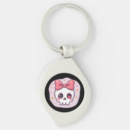 Schattige Pastel Goth Schedel met Strik Sleutelhanger (Voorkant)