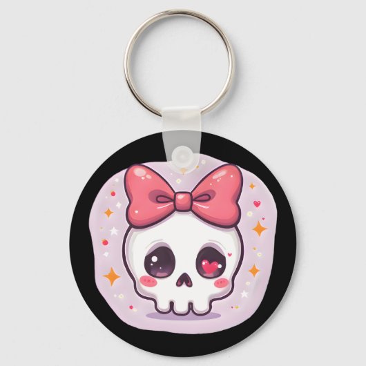 Schattige Pastel Goth Schedel met Strik Sleutelhanger (Voorkant)