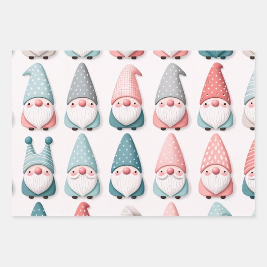 Schattige Pastel Kerst Gnomen, Roze Blauw Grijs Inpakpapier Vel (Voorkant)