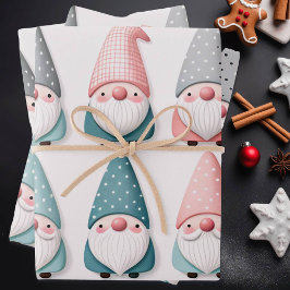 Schattige Pastel Kerst Gnomen, Roze Blauw Grijs Inpakpapier Vel