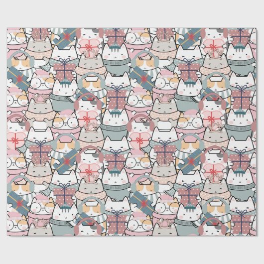 Schattige pastel kerstkat inpakpapier (Vlak)