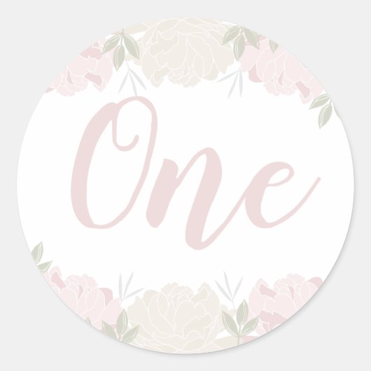 Schattige Pastel Pink Floral Baby's 1e Verjaardag Ronde Sticker (Voorkant)