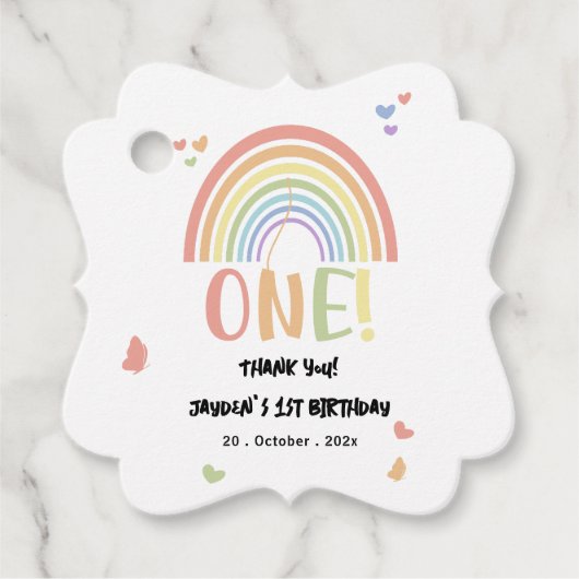 Schattige pastel regenboog 1e verjaardag bedankjes labels (Voorkant)