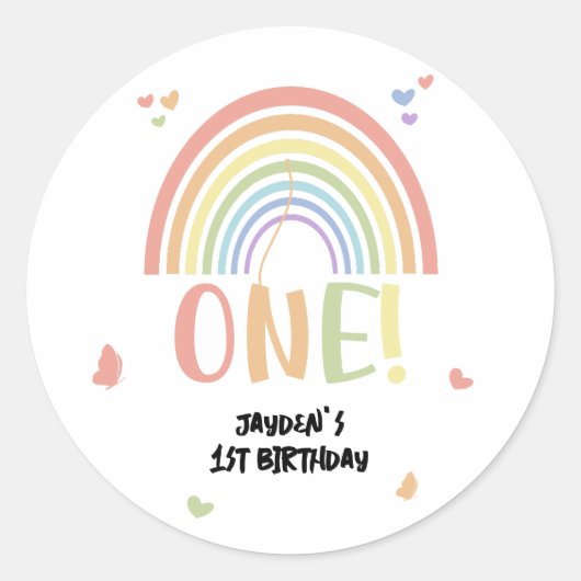 Schattige pastel regenboog 1e verjaardag ronde sticker (Voorkant)