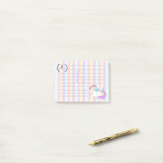 Schattige Pastel Regenboog Kleuren Monogram Eenhoo Post-it® Notes (Op bureau)